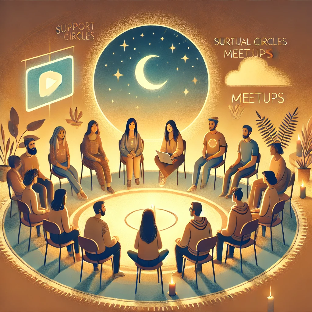 A warm and inviting digital artwork representing 'Support Circles & Virtual Meetups'.