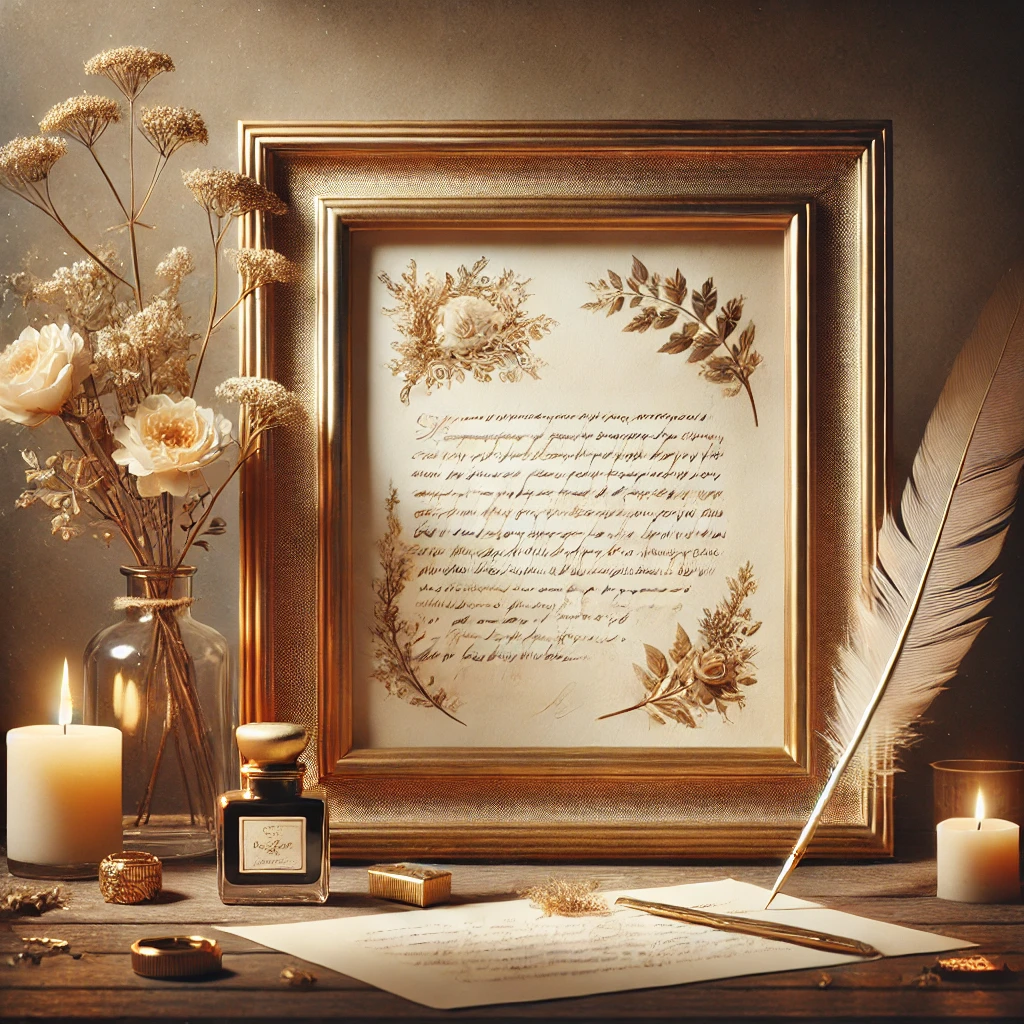 A sentimental and elegant digital artwork representing 'Printing and Framing Personalized Letters for Keepsakes'.