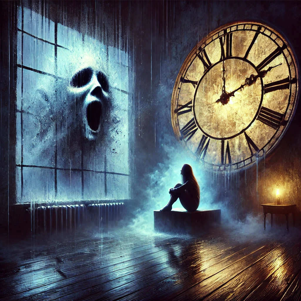 A surreal and emotional digital painting depicting a dimly lit room with a large, ominous clock on the wall. The clock's hands appear jagged and distorted