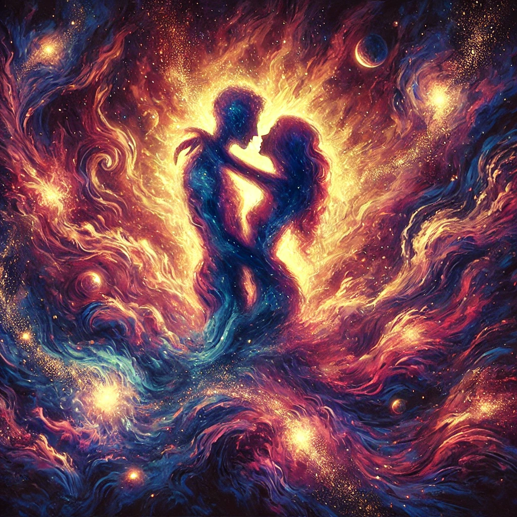 A poetic and passionate cosmic-themed illustration. A celestial scene where two souls are intertwined amidst the stars, their essence merging into the ether