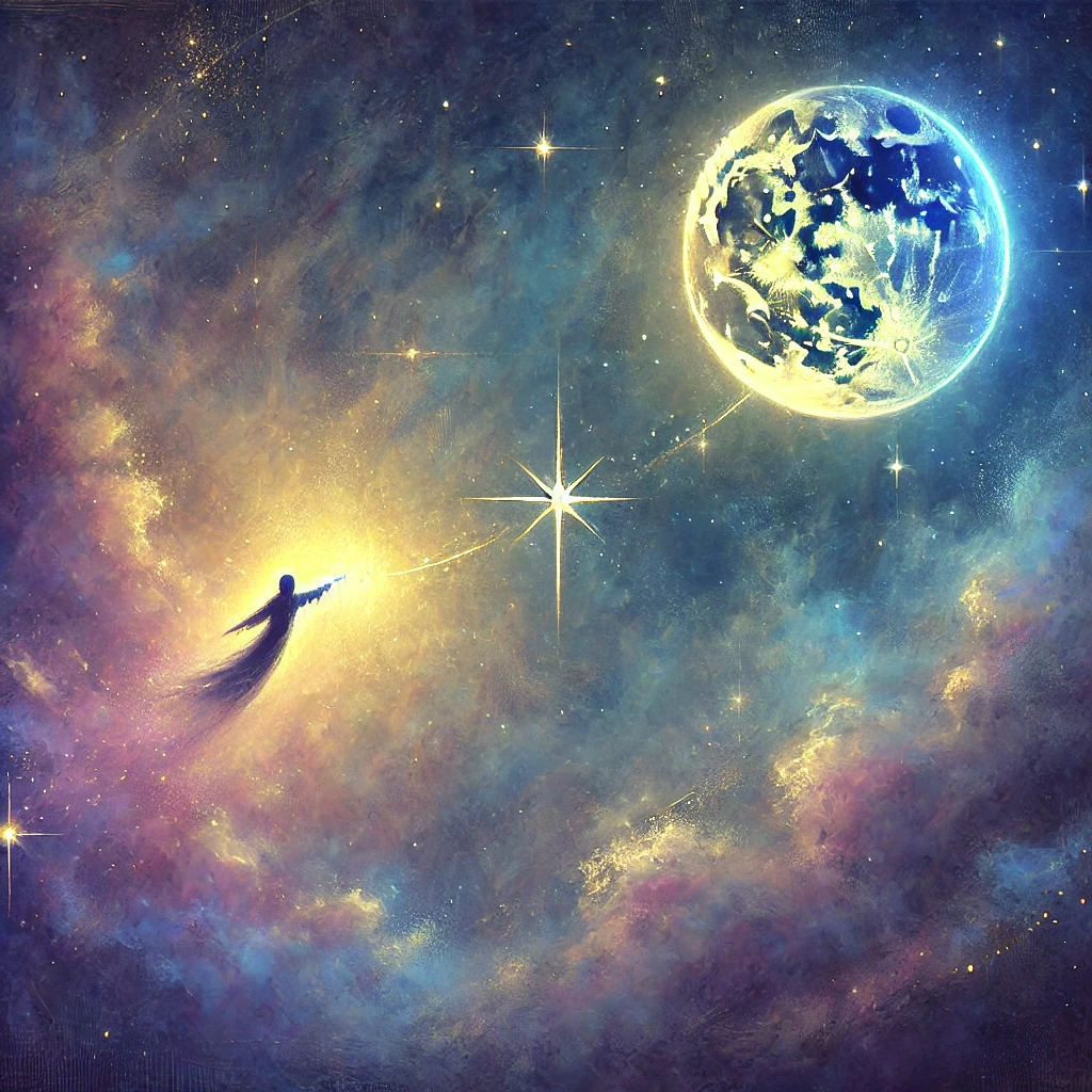 A poetic and emotional illustration depicting two distant stars symbolizing two lovers who could never truly reach each other. A soft, dreamlike atmosphere