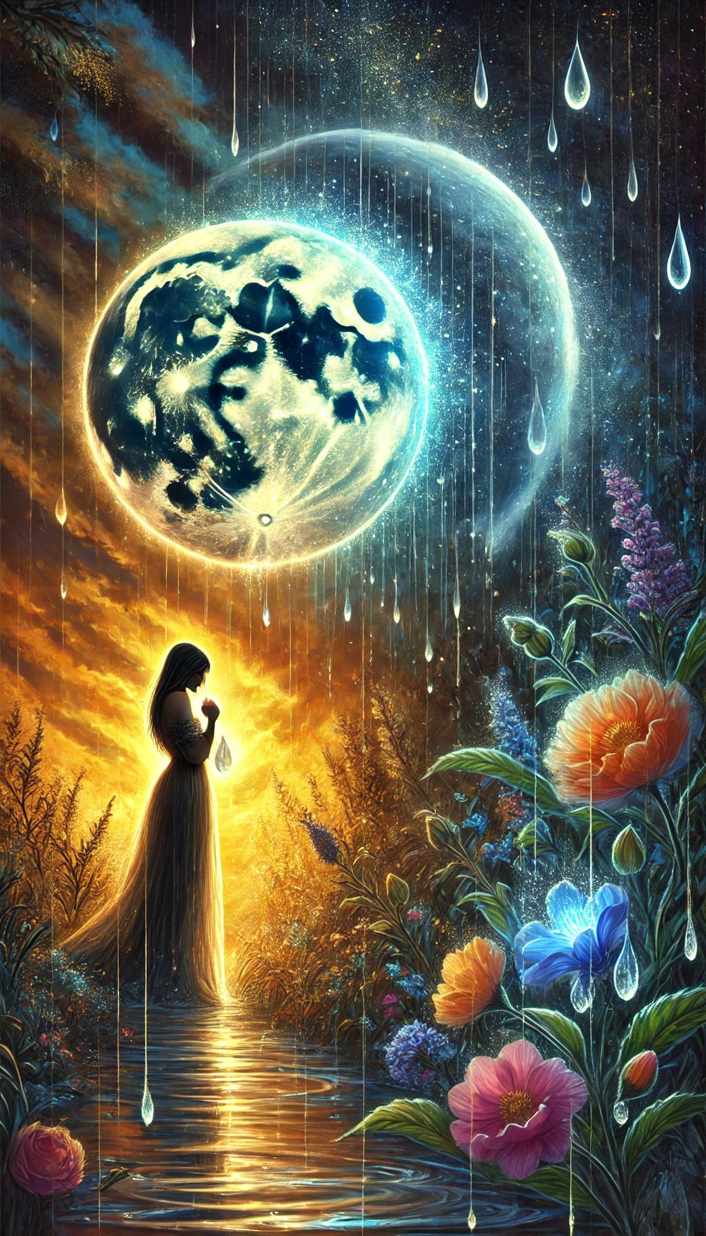 A poetic and emotional illustration depicting a woman gazing at the moon with longing and sadness. The moon appears luminous but cold, reflecting darkness