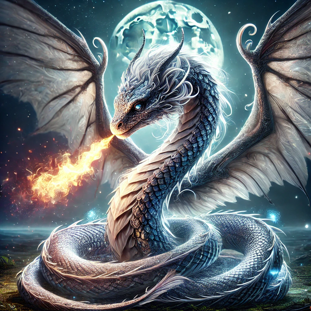 A mystical and powerful serpent-dragon hybrid, born small and delicate but transforming into a fierce, armored creature. The serpent has shimmering scales